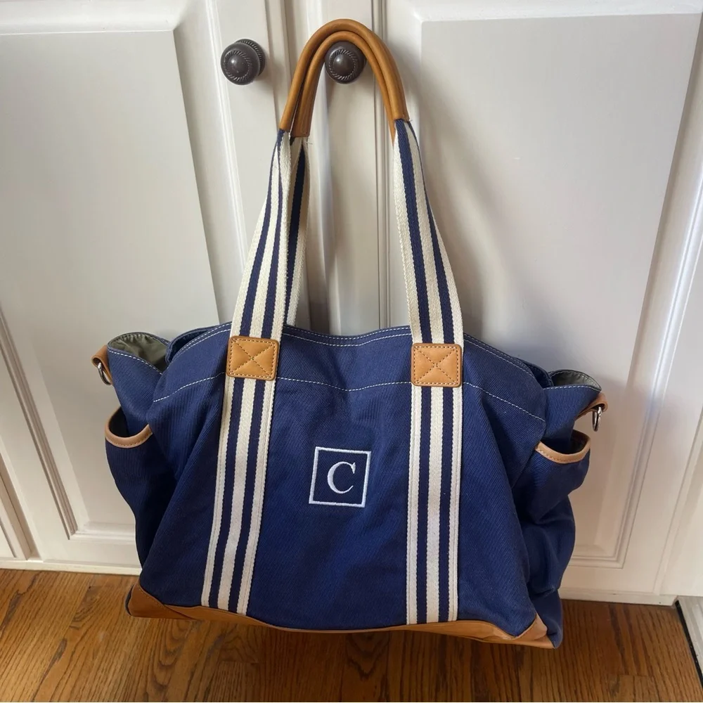 Pottery Barn Classic Diaper Bag with Leather Handles and Trim Monogram C Navy